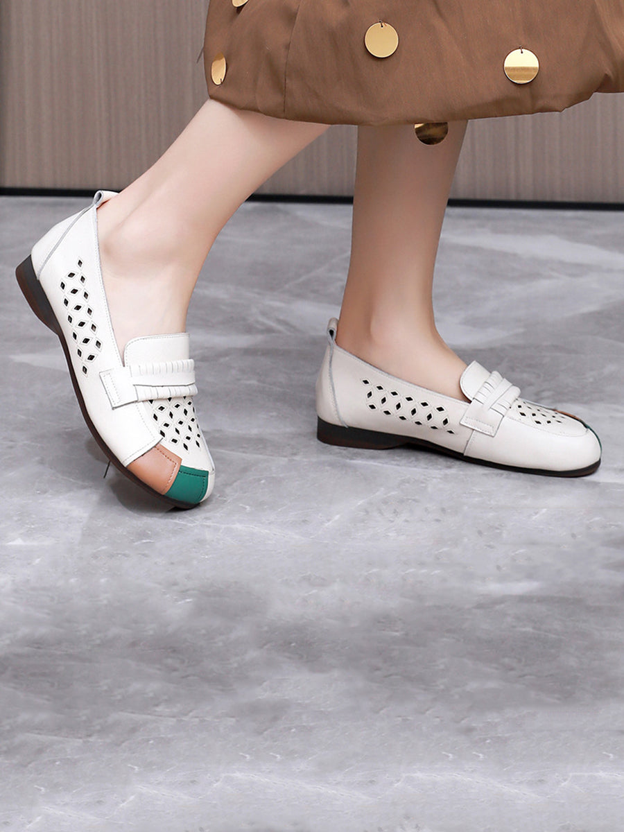 Women Summer Leather Colorblock Cutout Flat Shoes UI1030