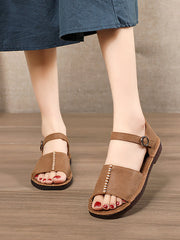 Women Summer Leather Spliced Flat Solid Sandals UI1031