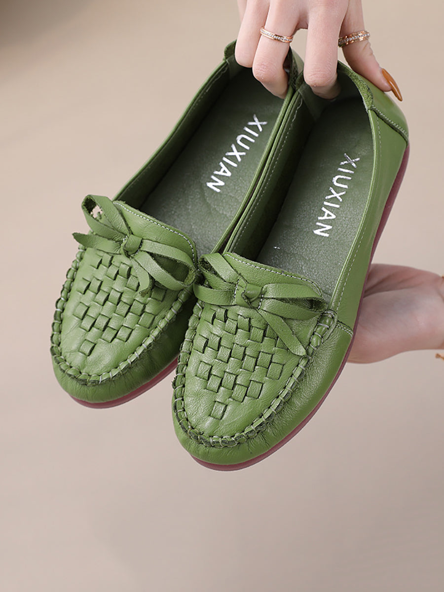 Women Summer Casual Solid Soft Leather Weave Flat Shoes FG1019