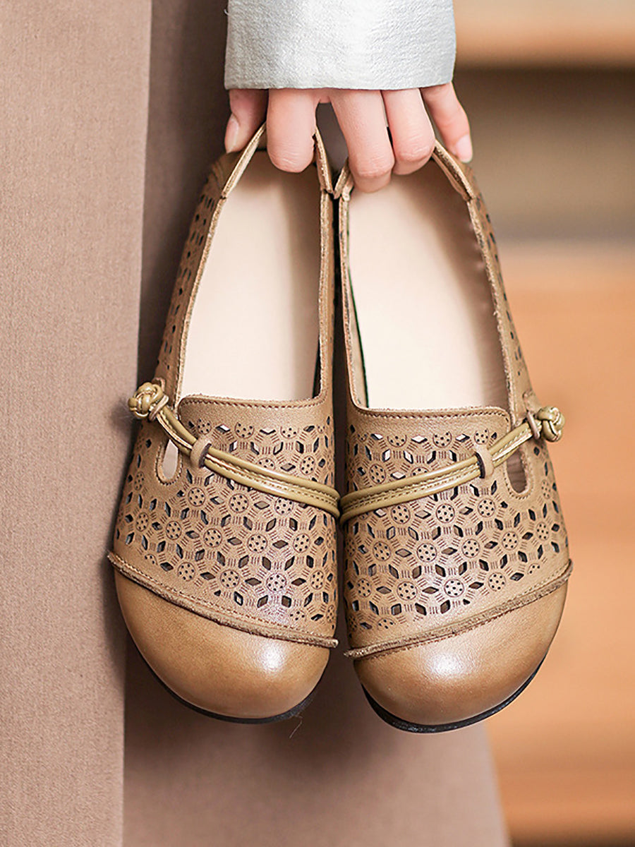 Women Summer Vintage Leather Cutout Soft Flat Shoes BN1038