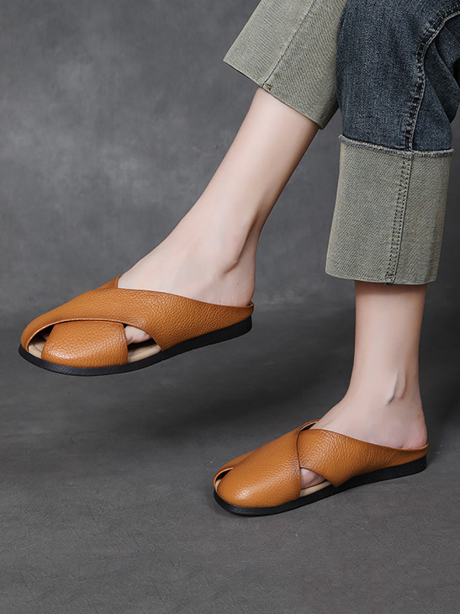 Women Summer Solid Leather X-Spliced Flat Slippers UI1032