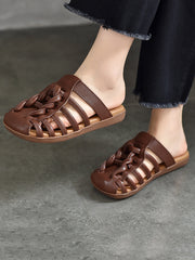 Women Summer Solid Leather Spliced Flat Slippers UI1025