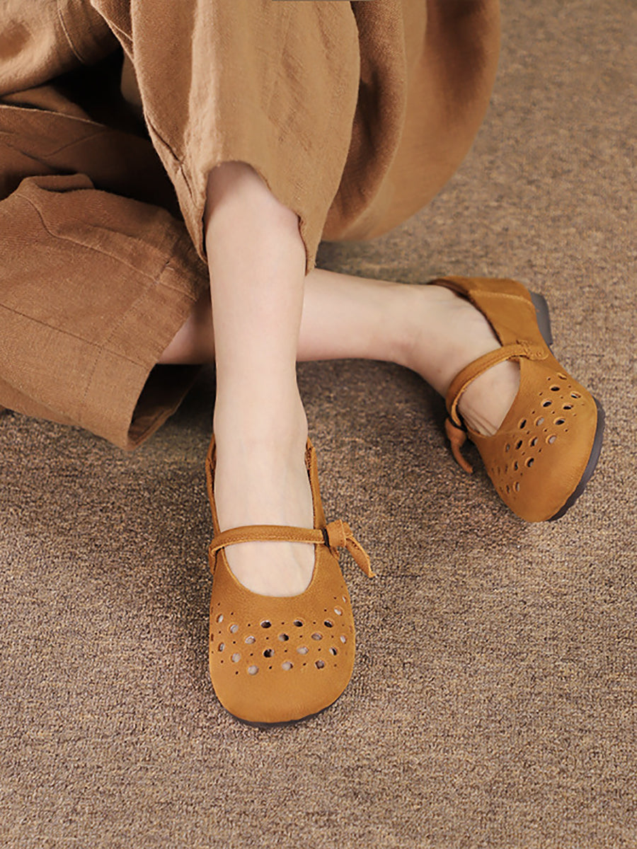 Women Vintage Soft Leather Cutout Solid Shoes XX1053