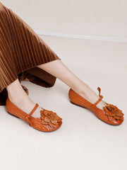 Women Summer Artsy Flower Leather Flat Shoes AA1005