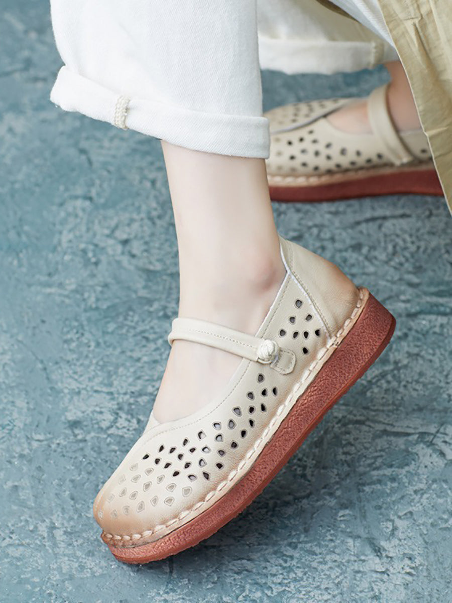 Women Summer Casual Leather Spliced Cutout Flat Sandals FG1029