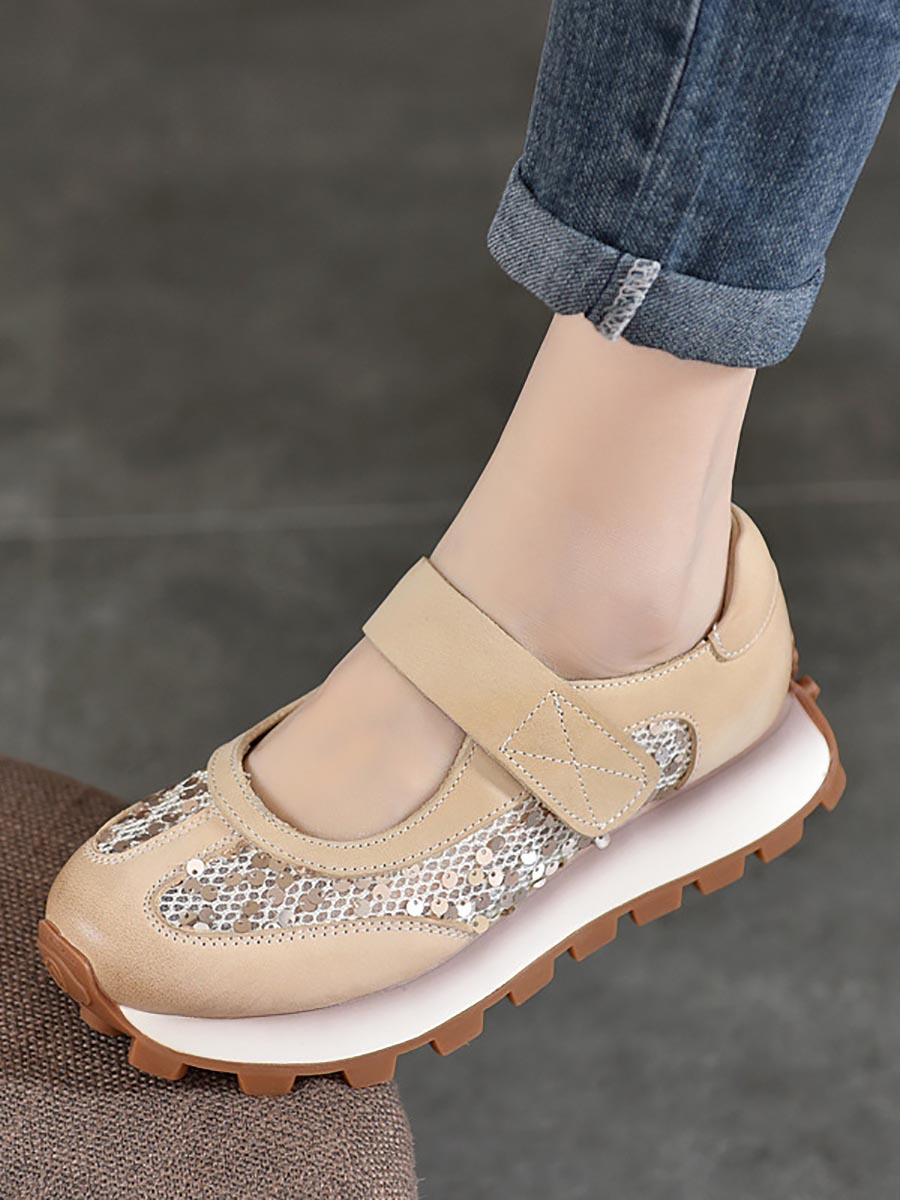 Women Summer Leather Spliced Mesh Sequin Platform Shoes XX1022