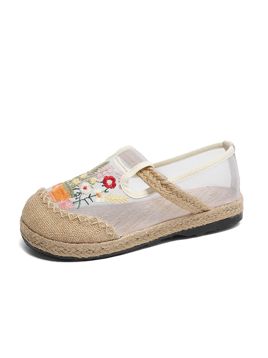 Women Summer Flower Embroidery Linen Spliced Shoes TY1030