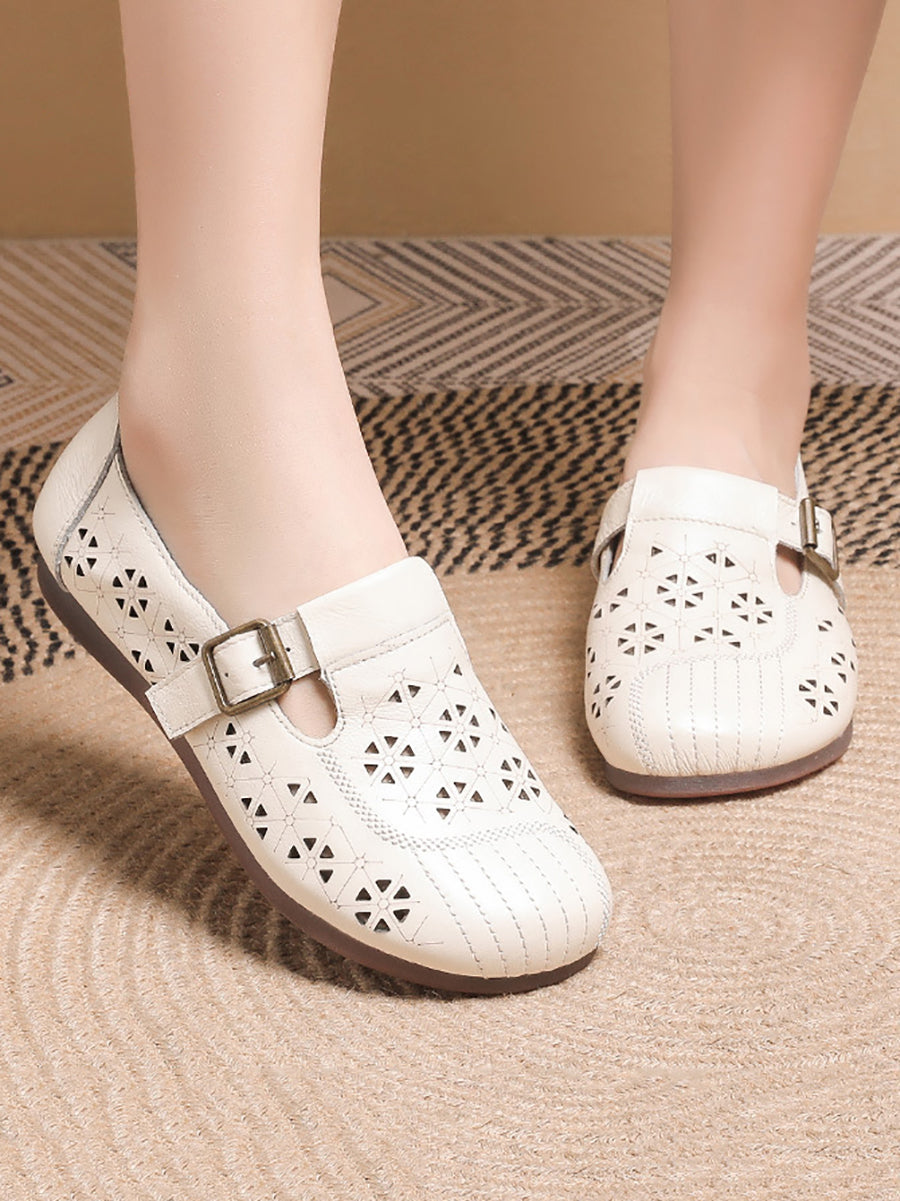 Women Vintage Leather Cutout Soft Flat Shoes AS1019