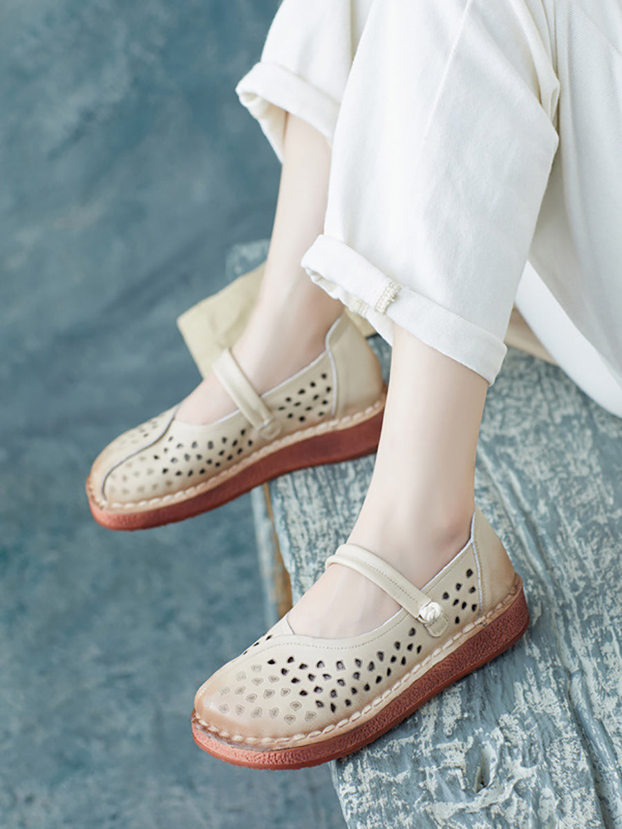 Women Summer Casual Leather Spliced Cutout Flat Sandals FG1029