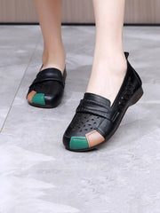 Women Summer Leather Colorblock Cutout Flat Shoes UI1030