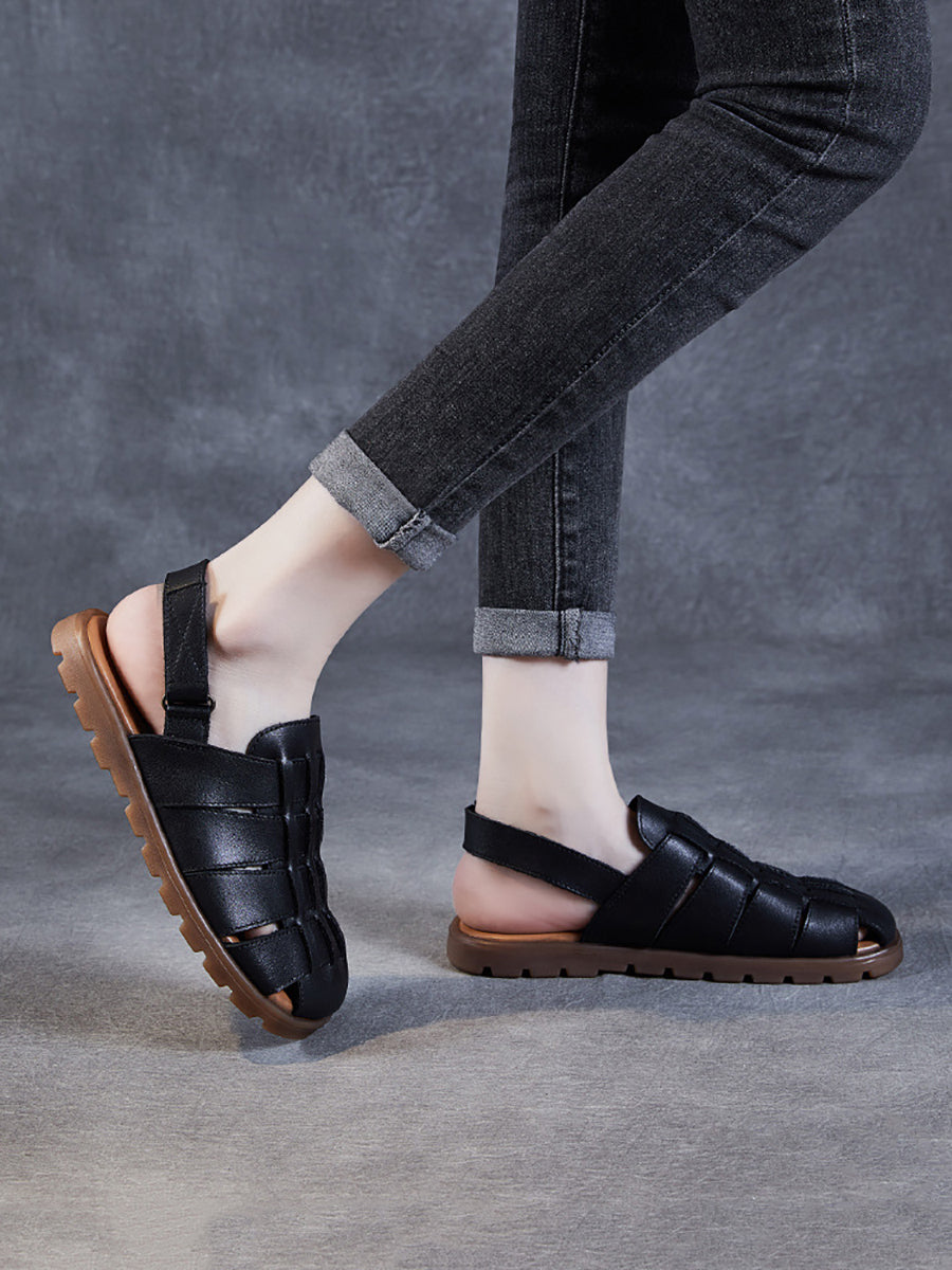 Women Summer Casual Leather Spliced Flat Slippers AA1015