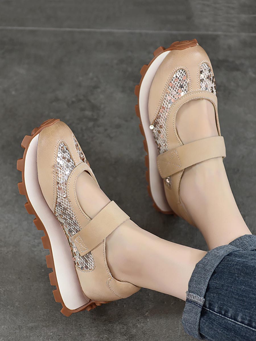 Women Summer Leather Spliced Mesh Sequin Platform Shoes XX1022