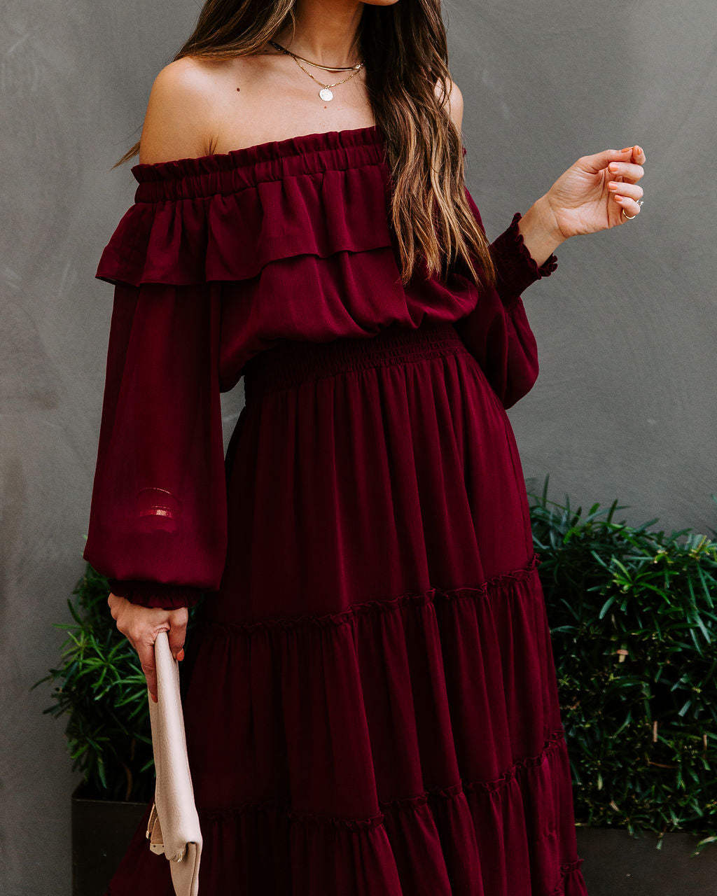 Alicia Off The Shoulder Tiered Midi Dress - Burgundy