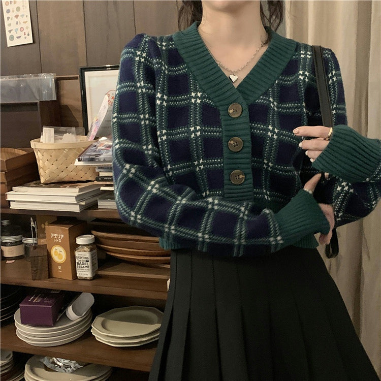 Vintage V-Neck Plaid Cropped Cardigan Sweater