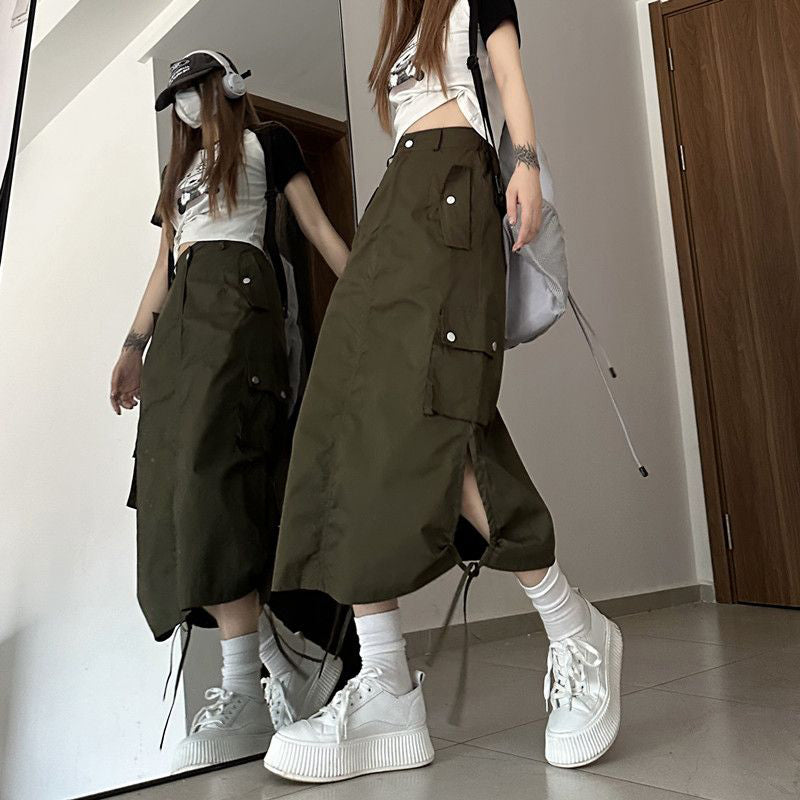 High Waist Cargo Pockets Long Skirts