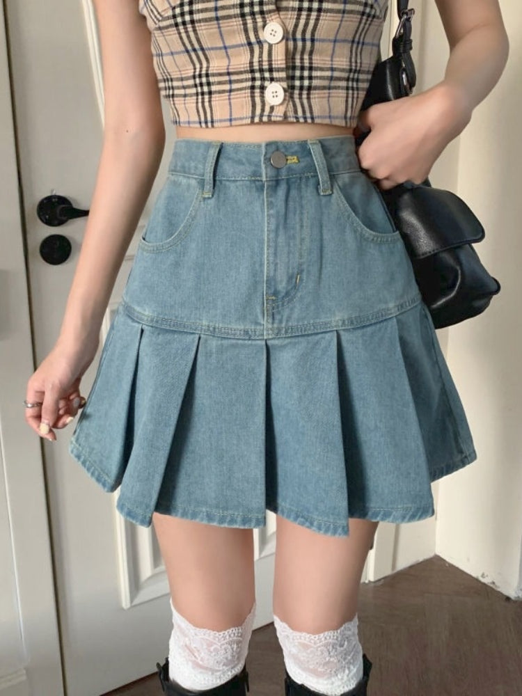 High Waist Pleated Mini Denim Skirt