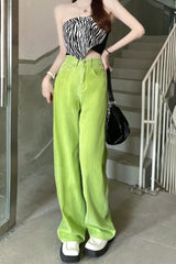 High Waist Vintage Green Long Jeans Pants