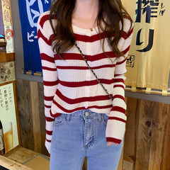 Long Sleeve Striped Button Slim Sweater