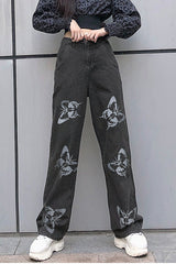 High Waist Wide Leg Butterfly Pattern Jeans Pants