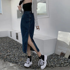 High Waist Side Slit Mid Length Denim Skirt