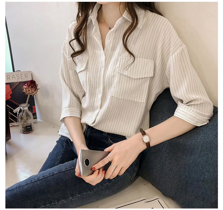 Half Sleeve Casual Striped Blouse Shirt