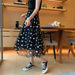 High Waist Daisy Printed Mesh Transparent A- Line Skirt