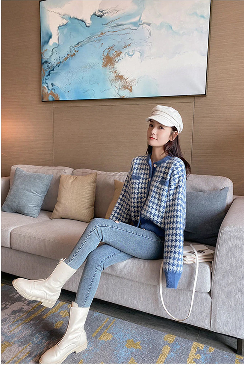 Houndstooth Pattern Long Sleeve Elegant Knitted Cardigan Sweater