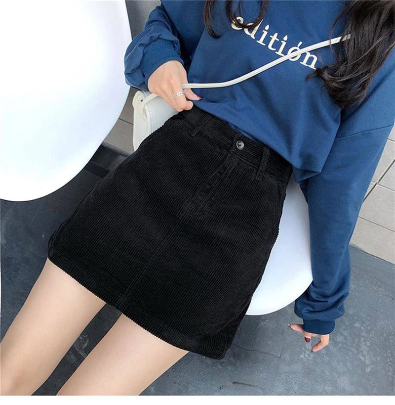 High Waist Slim Black Corduroy Skirt