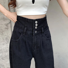 High Waist Extended Button Black Long Jeans Pants