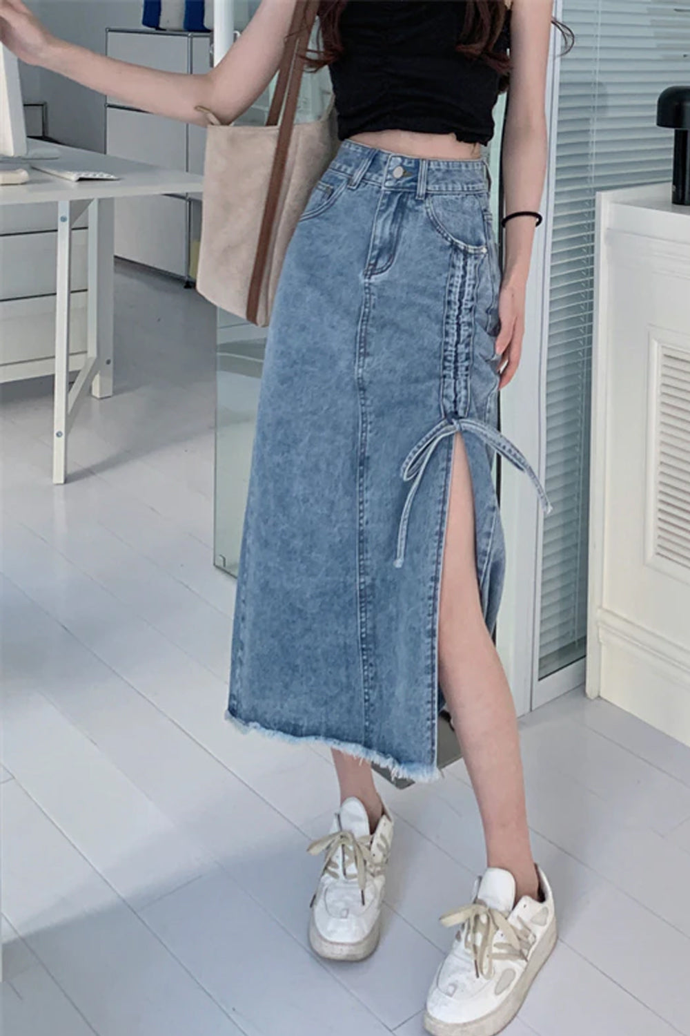 High Waist Ruched Split Long Jeans Skirts