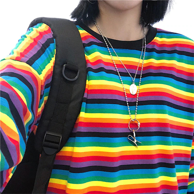 Long Sleeve Rainbow Striped Loose Sweatshirt