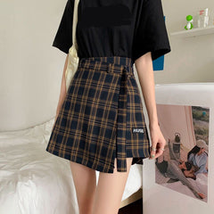 High Waist Irregular Plaid Skirts With Belt