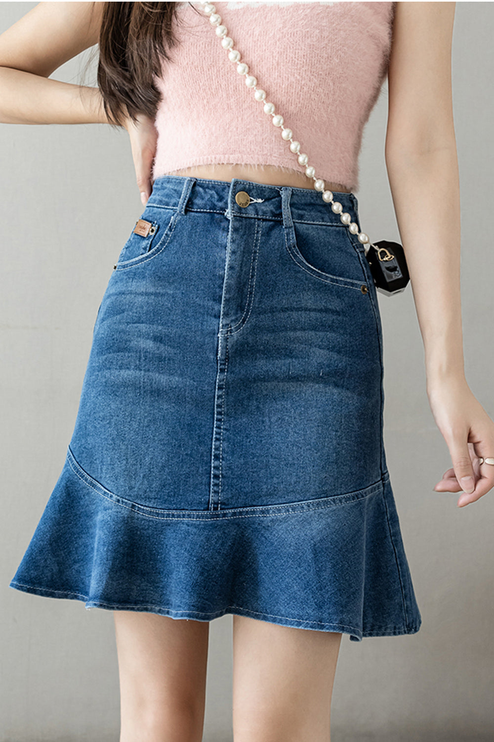 High Waist Mid Length Mermaid Denim Skirt