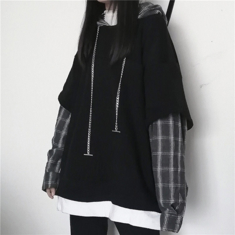 Long Sleeve Hip Hop Sleeve Plaid Hoodie