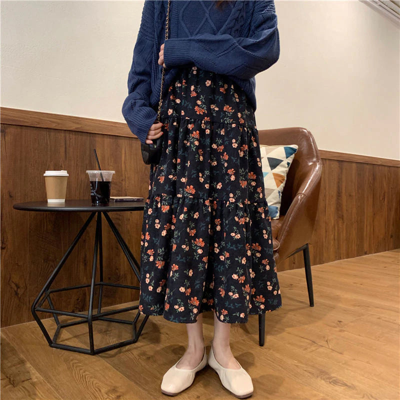 High Waist Floral Pattern Corduroy Skirts