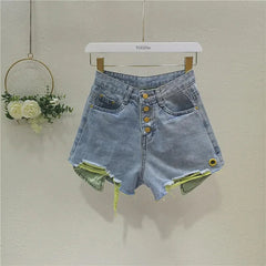 High Waist Contrast Colorful Denim Shorts Jeans