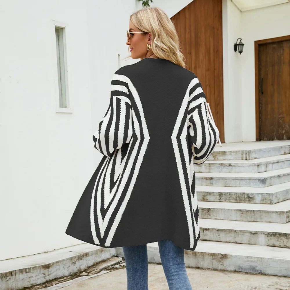 V-Neck Diamond Stripe Knitted Color Block Autumn Winter New Women Coats