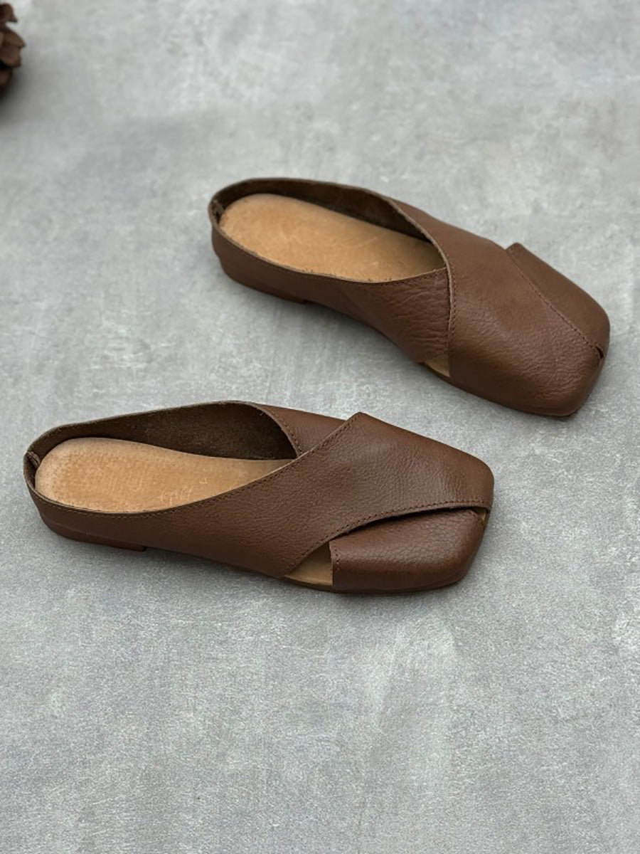 Women Summer Solid Leather Spliced Slippers QW1047