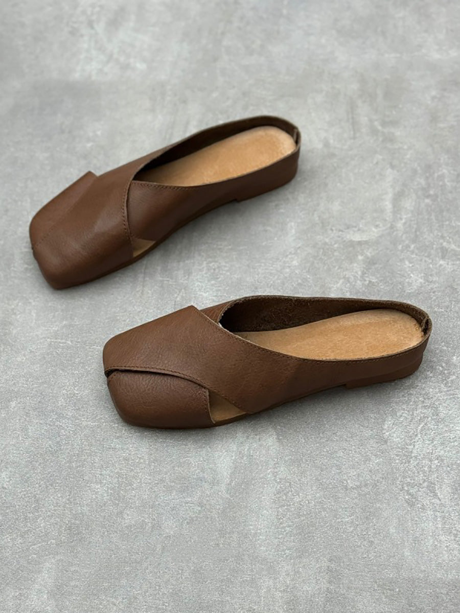 Women Summer Solid Leather Spliced Slippers QW1047