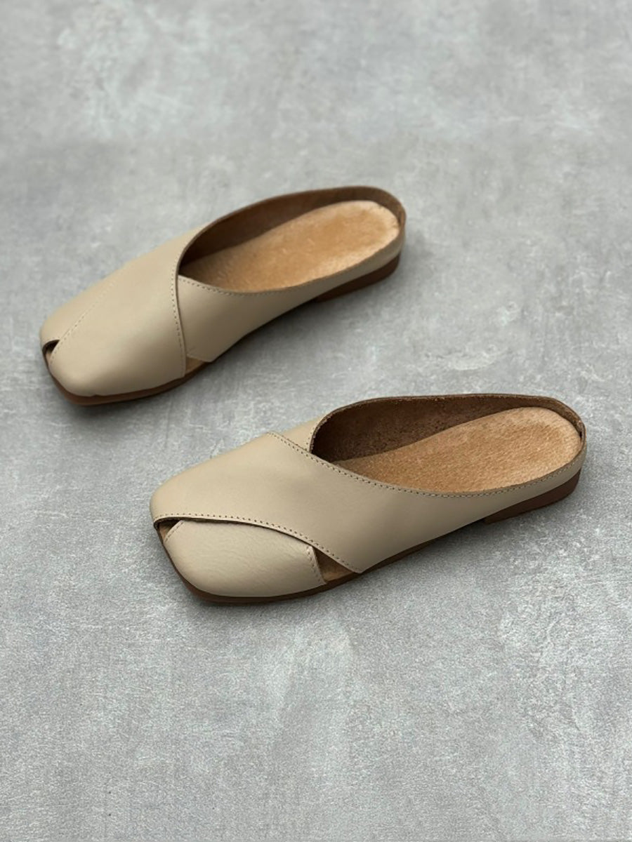 Women Summer Solid Leather Spliced Slippers QW1047