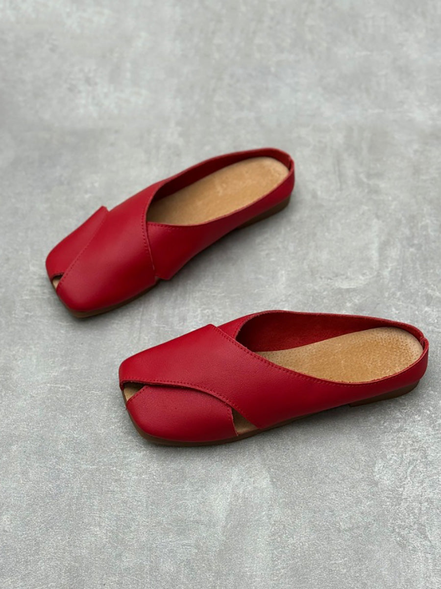 Women Summer Solid Leather Spliced Slippers QW1047