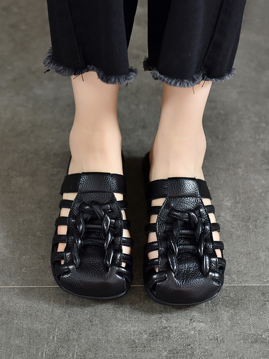 Women Summer Solid Leather Spliced Flat Slippers UI1025