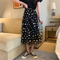 High Waist Daisy Printed Mesh Transparent A- Line Skirt