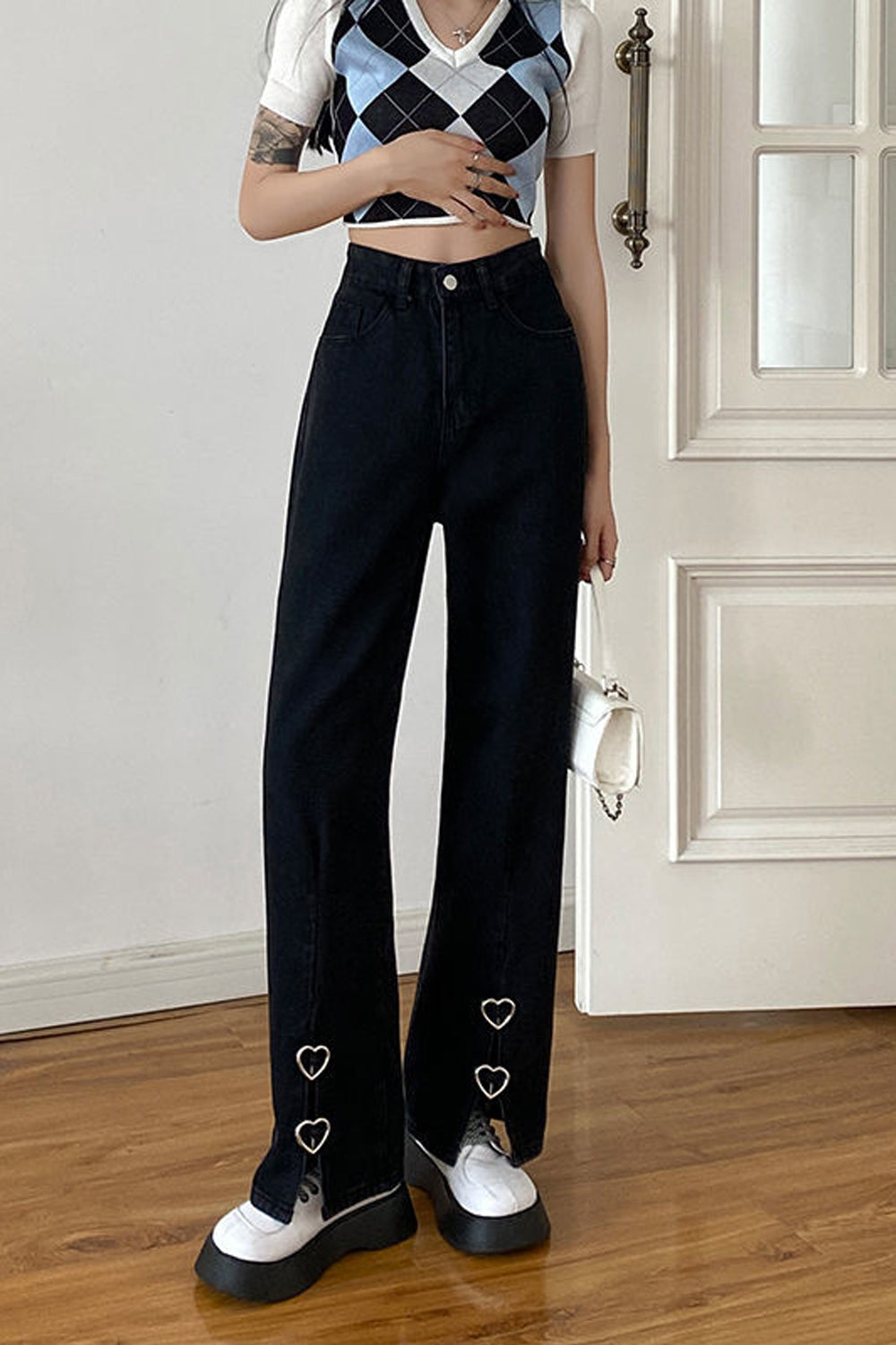 High Waist Front Side Split Heart Shape Jeans Pants