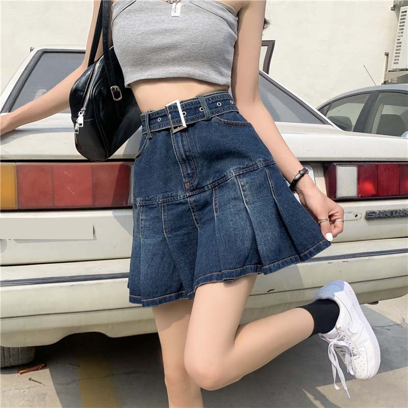 High Waist Pleated Ruffles Mini Denim Skirt