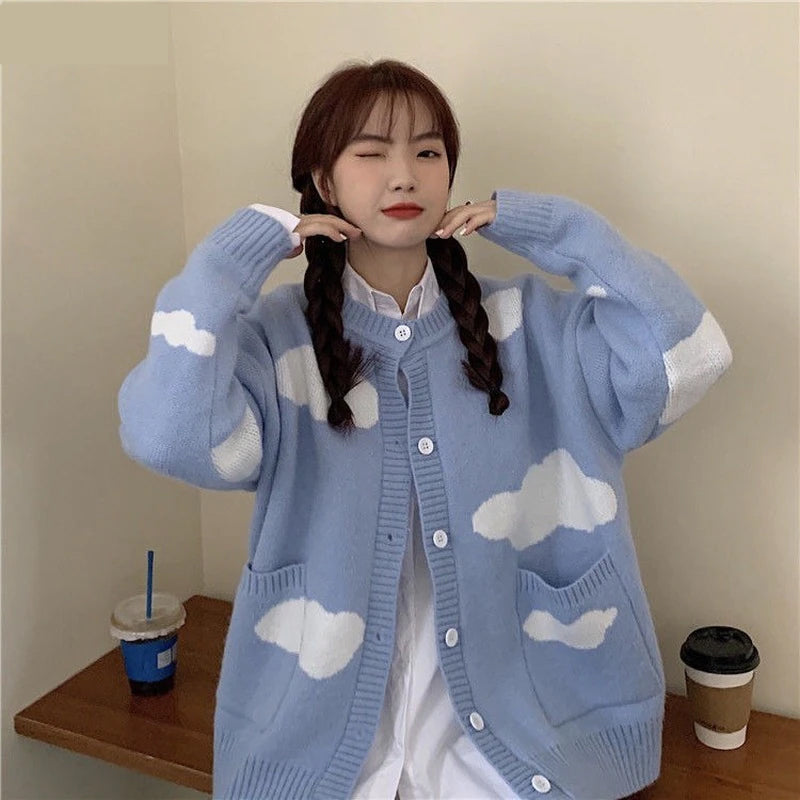 Loose Clouds Pattern Knitted Cardigan Sweater