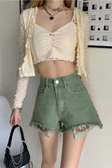 High Waist Floral Embroidered Green Shorts Jeans