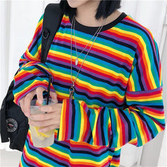 Long Sleeve Rainbow Striped Loose Sweatshirt