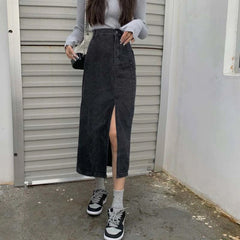 High Waist Side Slit Mid Length Denim Skirt