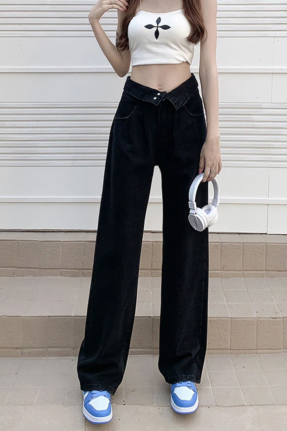 High Waist Extended Button Black Long Jeans Pants